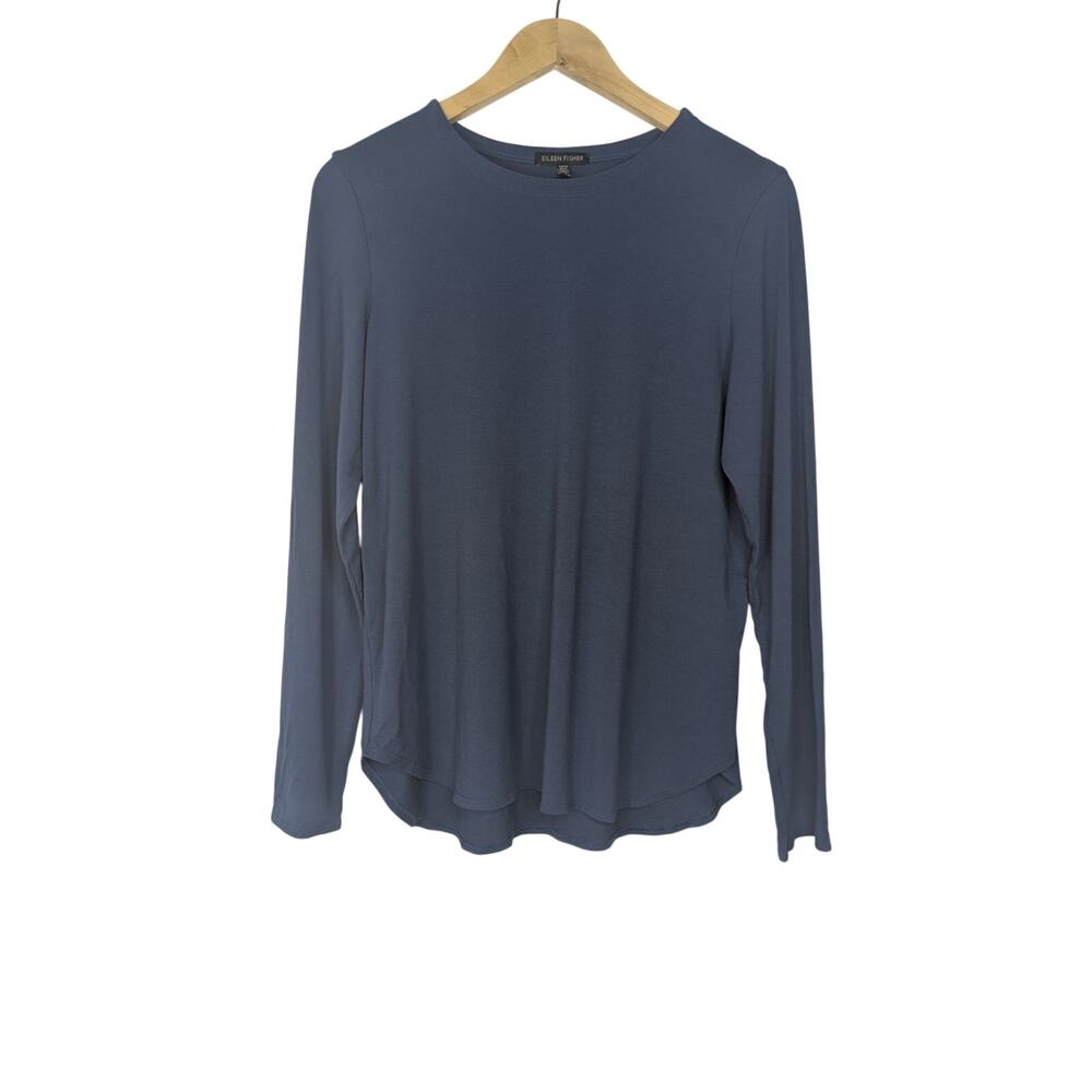 Eileen Fisher Blue Viscose Long Sleeve Crew Neck Curved Hem Shirt